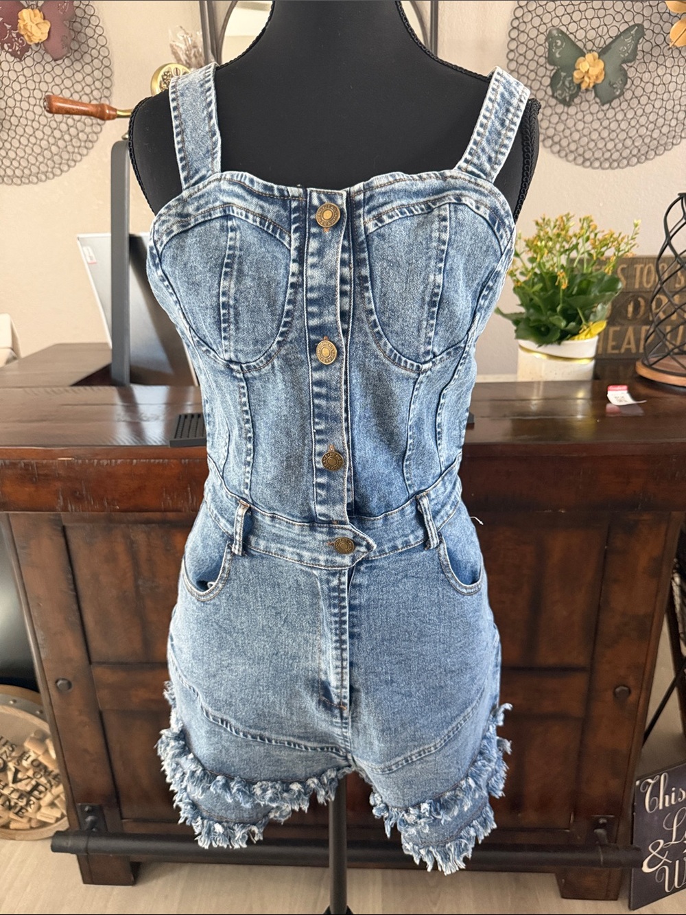 Denim Romper Jumpsuit - Light Blue Button-Front